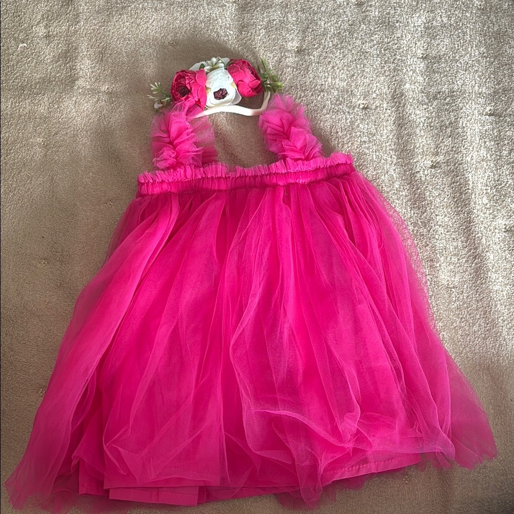 Pink Tulle Dress with Floral Headband